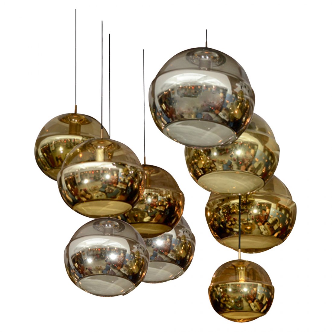 Peill Hanging Sphere Lights, Set of Nine: Group of nine spherical glass chandeliers, with silver or gold foil interior band on bottom half encased in clear glass, by Peill and Putzler, German 1960s. In three diameters 10 3/4 in (1 gold), 13 3
