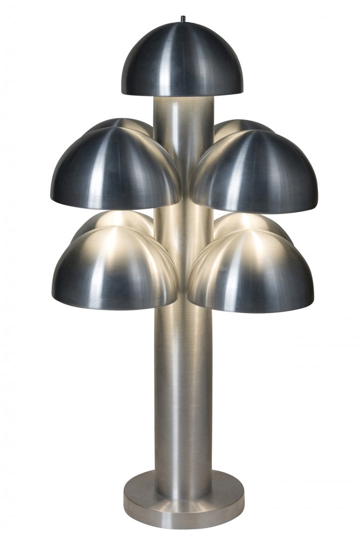 "Cantharel" Lamp by Raak: Nine light "Cantharel" lamp in nickeled brass, a single column to which is attached nine hemispherical shades, by Maija Liisa Komulainen, for Raak, Dutch, 1970. Height 29 in, largest diameter 18 in. d