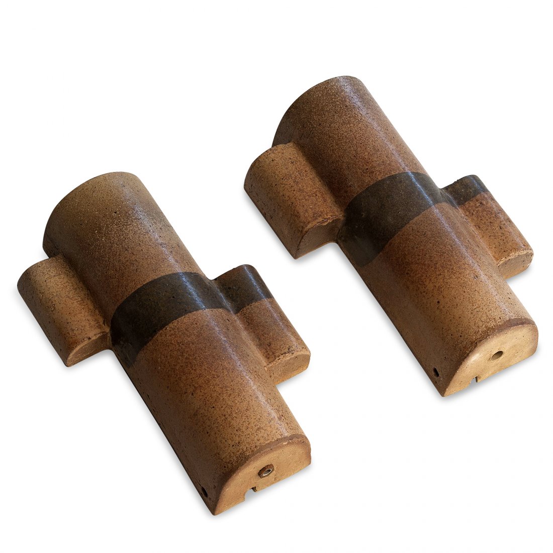 Accolay Sconces, Pair.: Pair of ceramic wall sconces, of half cylindrical form, having offset flanges on either side, brown gradient glaze with black band, by Accolay, French 1950s. Signed to back. Height 12 1/2 in, width fr