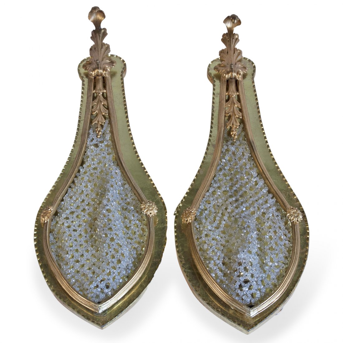 Beaded and Gilt Wall Sconces: Pair of ovoid shaped glass bead decorated wall sconces, with gold leafed glass border, and dore bronze leaf decoration, attribued to Maison Jansen, French 1960s. Height 21 1/2 in, width 8 in, depth 2