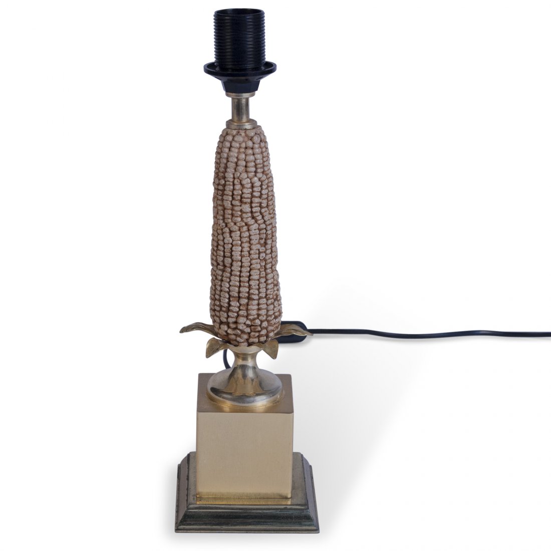French Corn Lamp: Corn base table lamp, the corn mounted on a cubic brass base with four leaf elements, French 1950s. Overall height to top of socket 17 in, base measures 4 3/4 in square.