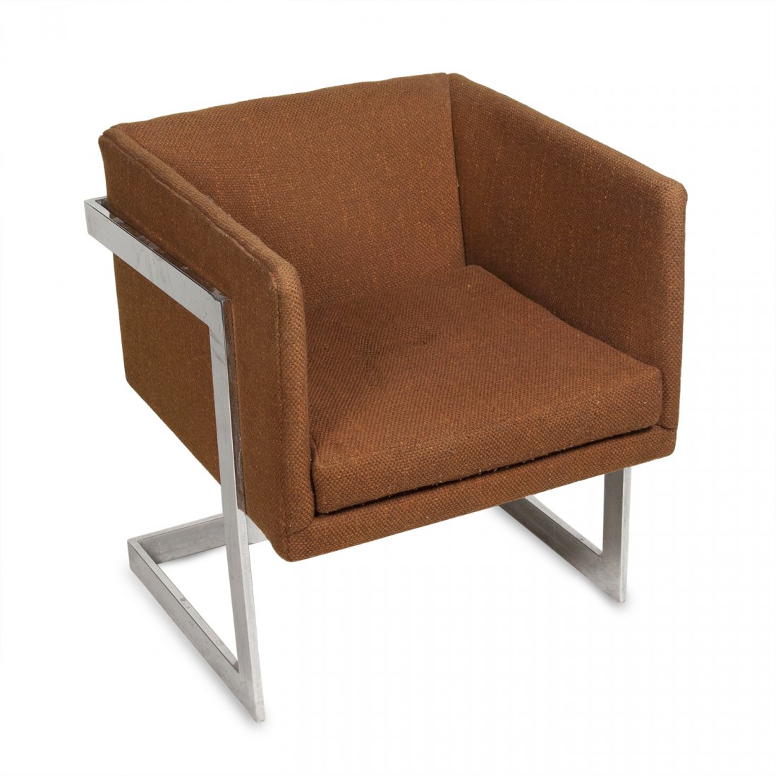 Milo Baughman Cube Chair: Chrome steel frame cube armchair, the seat cantilevered, by Milo Baughman, American 1970s. Back height 28 in, width 23 in, depth 26 in.