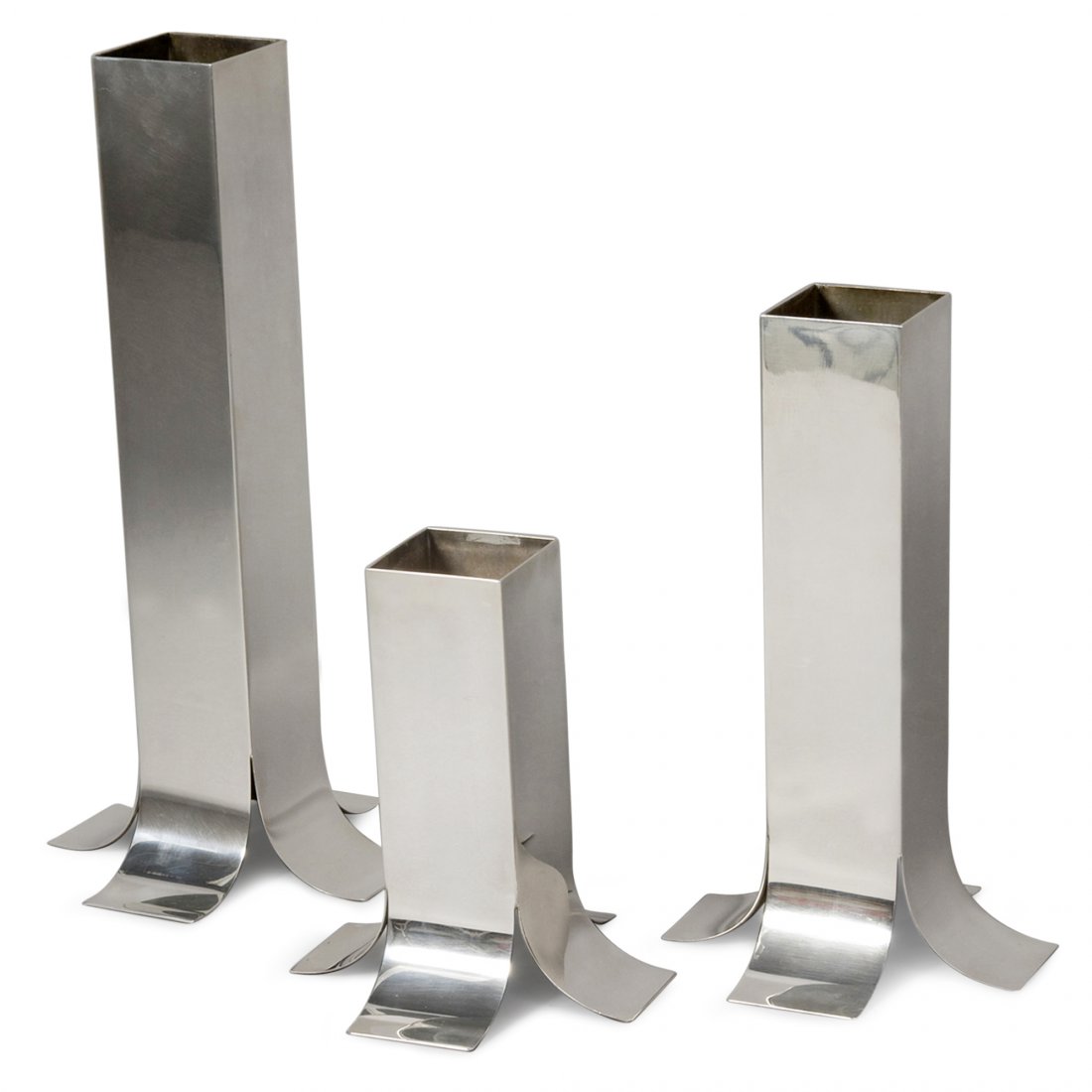 Sabattini Vases, Set of Three: A set of three graduated height silver plated bud vases, square column form ending in four flared feet, by Lino Sabattini, Italian 1970s. Stamped signature to underside. Tallest measures 16 1/2 in, co