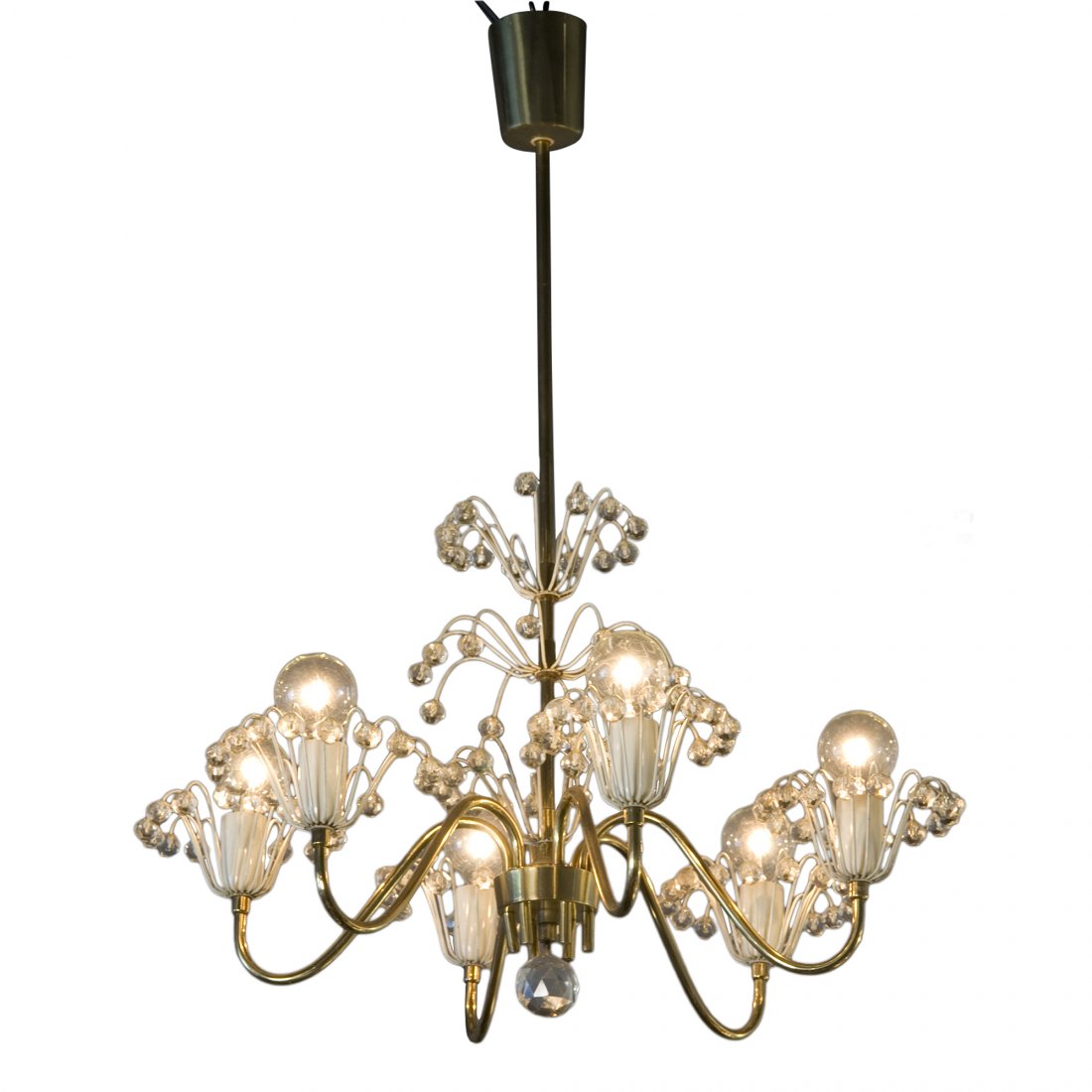Emil Stejnar Chandelier: Six arm brass, enameled metal and crystal chandelier, the sockets with flower form decoration on the sockets and on the rod. By Emil Stejnar for Nikoll, Austrian 1960s. Diameter 21 in, height 29 in.