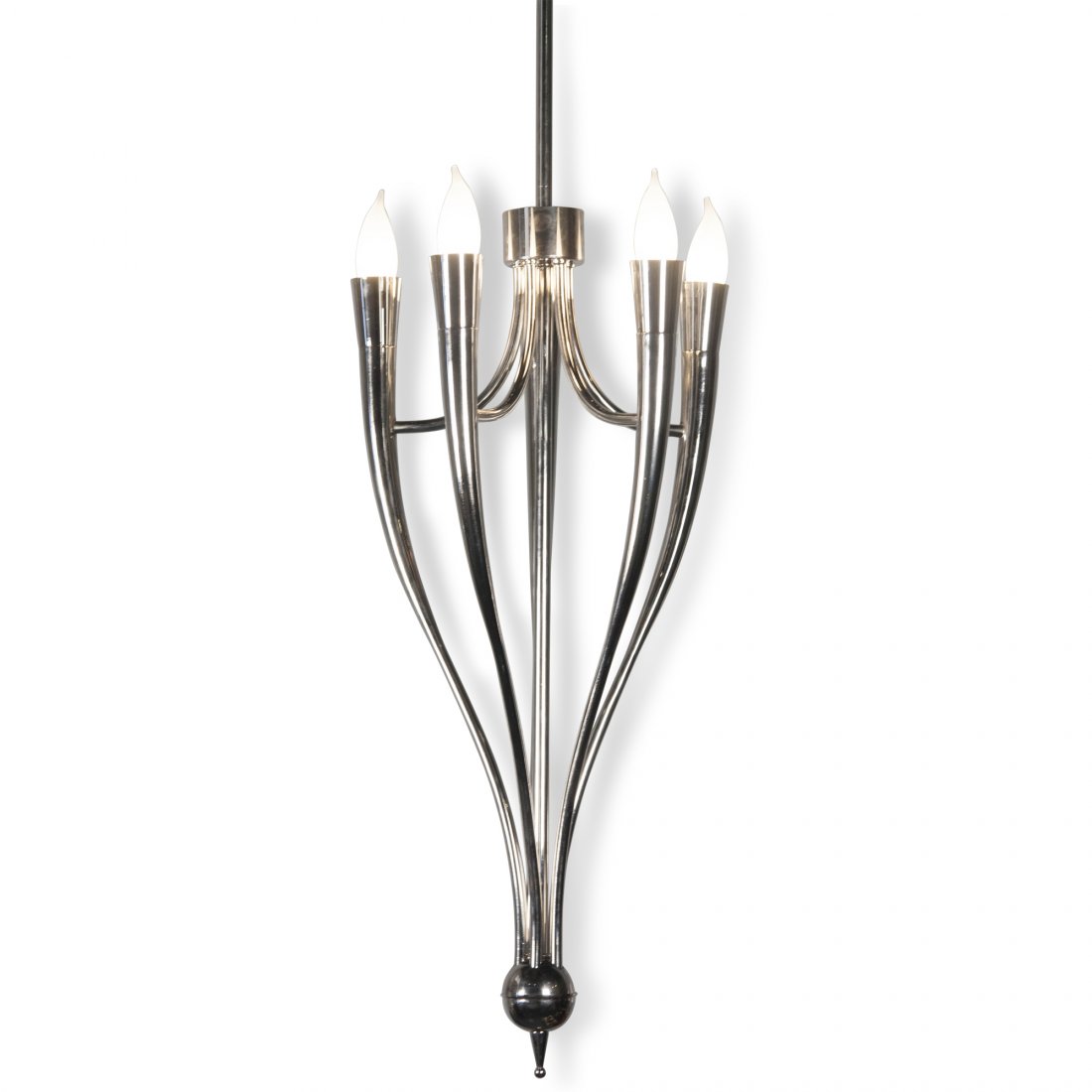 Guglielmo Ulrich Nickel Chandelier: Elegant five arm polished nickel bronze chandelier, the five arms swooping gracefully up in a S-form, joined at bottom by a decorative spherical element, and at the top by an arch to the center column