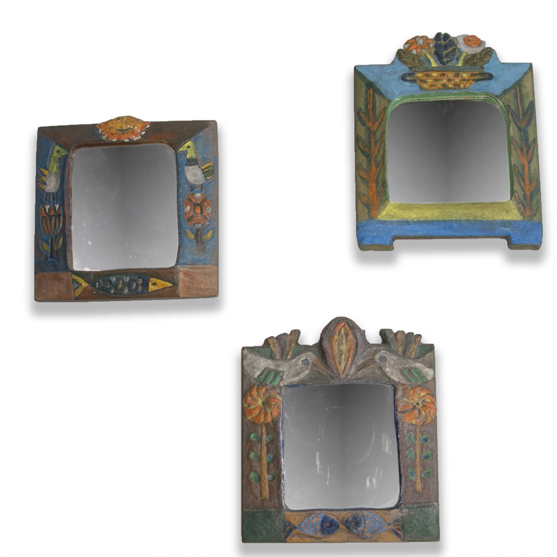 Hand Carved Mirrors By Les Argonautes Vallauris: Set of three hand carved and hand painted wood frame mirrors, By Les Argonautes, Vallauris,France, circa 1970. Hand signed to backside. Each measures approximately 6 1/2 in x 6 in