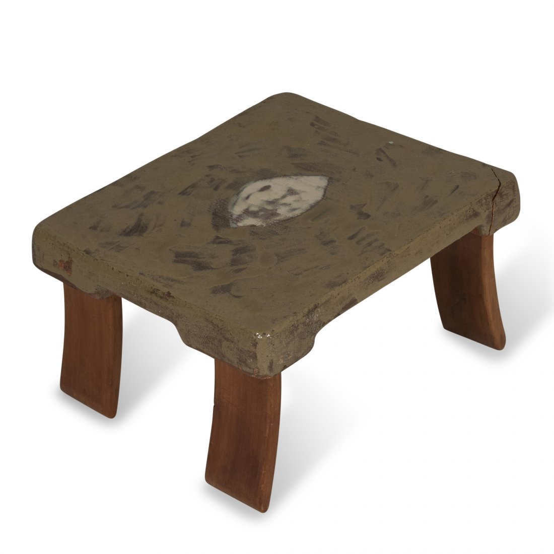 Ceramic Side Table by Juliette Derel: Green/grey mottle glazed ceramic slab table, with center silver eye, the square ceramic having rounded edges, supported by four arced wood legs, by Juliette Derel, French late 20th century. Signed to