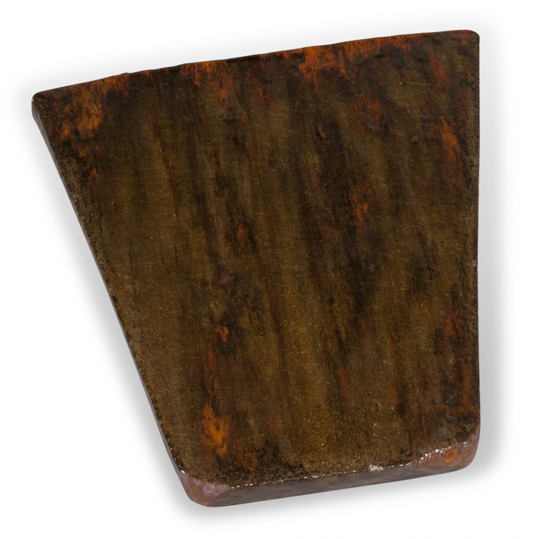 Ceramic Table Top by Juliette Derel: Rust and red mottle glazed ceramic slab table, the trapezoidal shaped ceramic having rounded edges, with holes to underside for legs, by Juliette Derel, French late 20th century. Signed to underside.