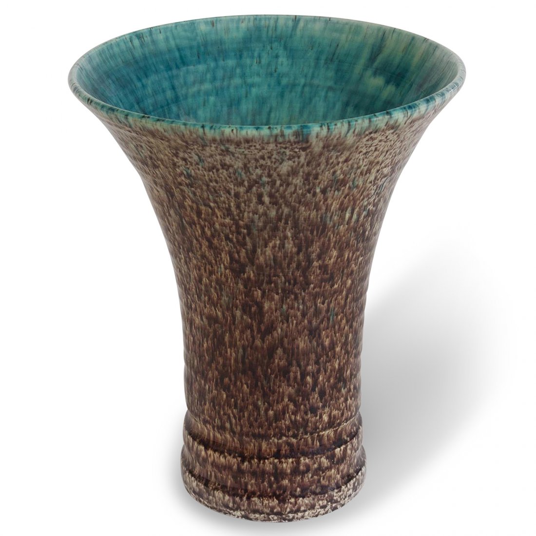 Accolay Vase: Cornet shaped vase with speckled exterior and turquoise interior glaze, by Accolay, French 1960s. Signed to underside. Height 11 in, largest diameter 9 1/2 in.