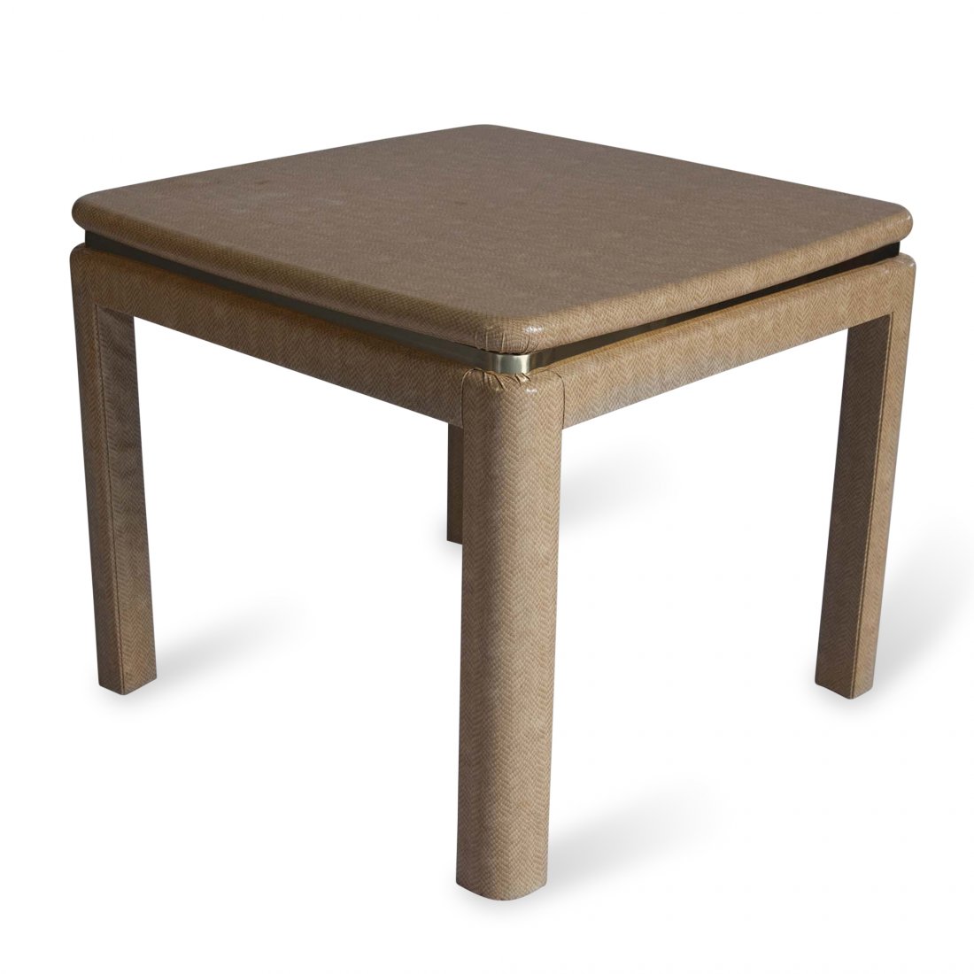 Karl Springer Occasional Table: Faux snakeskin and brass square occasional table, four legs with brass band decoration below snakeskin surface, attributed to Karl Springer, American 1970s. 26 in x 26 1/2 in x 22 in