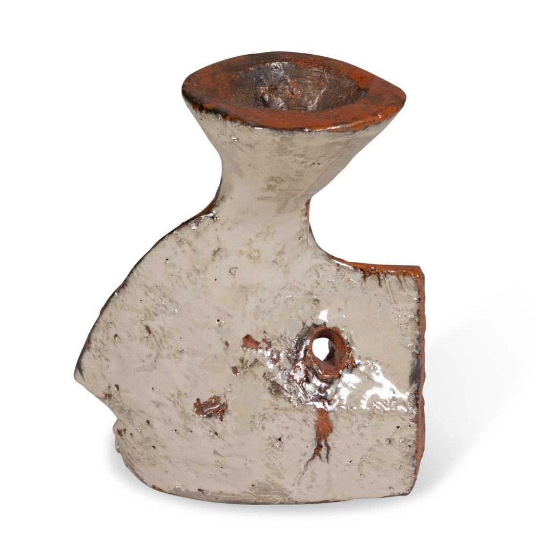 Juliette Derel Ceramic Sculpture: High glazed beige or off-white ceramic sculpture, irregularly shaped, by Juliette Derel, French late 20th century. Signed to underside, and retaining affixed paper label "Les Grolieres" indicating thi