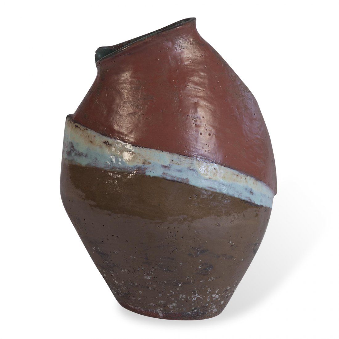 Hand Formed Vase by Juliette Derel (attr.): Large rough wheel and hand-formed ceramic vase, of overall ovoid shape with large opening, mottled reddish brown glaze with sky blue central band, attributed to Juliette Derel, French 1960s. Unsigned.