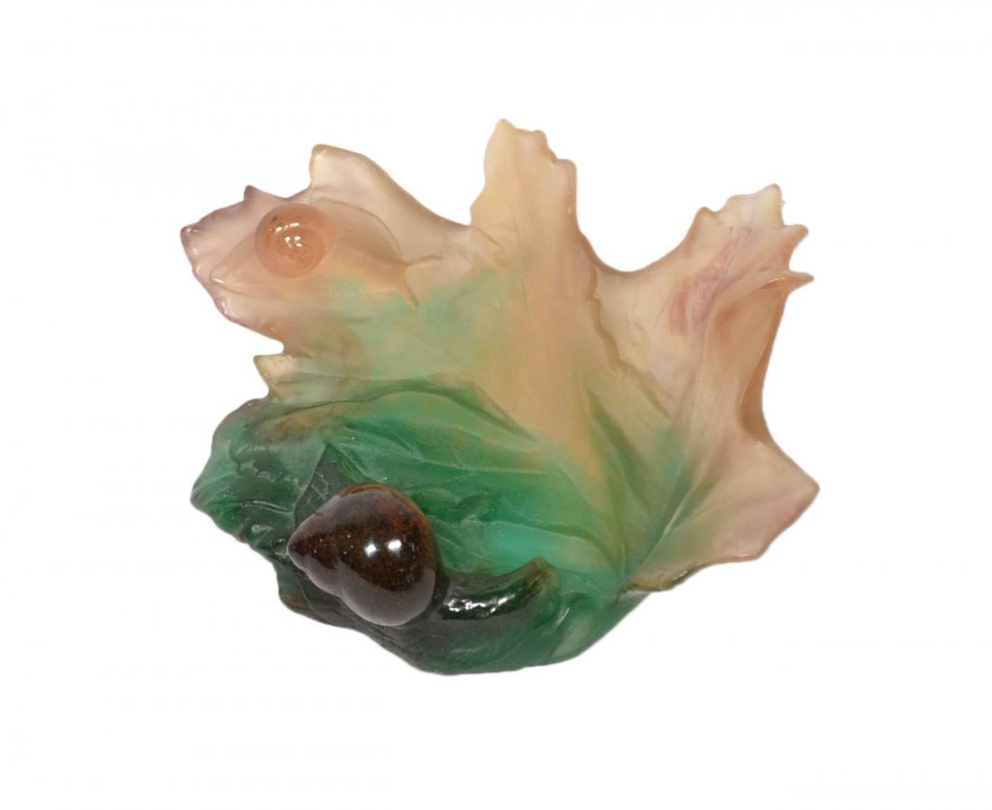Daum France PÃ¢te de Verre Snails: Multicolor pÃ¢te de verre composition depicting two snails on a broad leaf. Signed on bottom. [7 1/4" W x 6" D x 2 3/4" H]. Good condition.