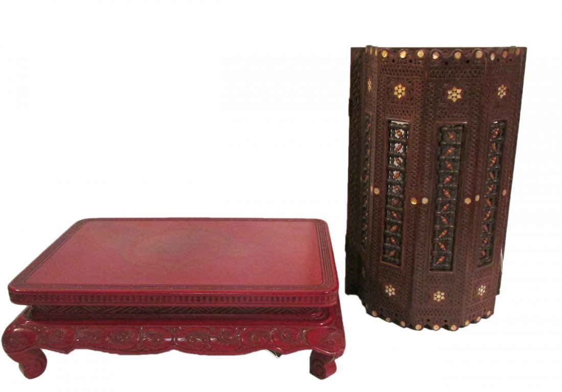 Chinese Lacquer Tea Table, Other: All around carved red lacquered tea table [19" x 3.5"], and a Moorish mother-of-pearl inlaid wall light 18" high (not fitted for electric).