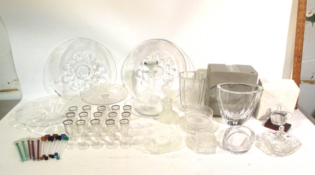 Lot Approx. Fourty Glass and Crystal Pc.: Comprises: two signed platters, one Orrefors vase (box), one Baccarat dradle (box), one signed vase with etched geese, one decanter, fifteen silver bonded cordial glasses, one footed tazza, one platte