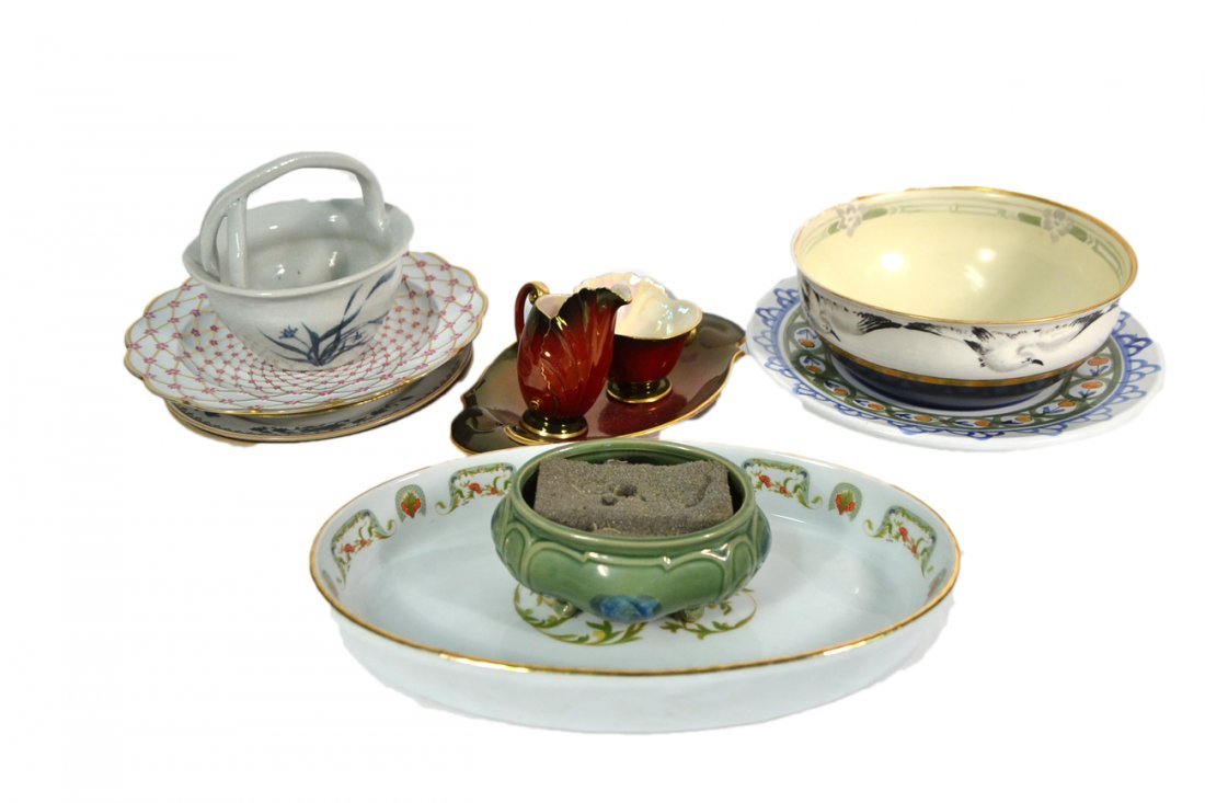 Assortment of 10 Ceramic Articles: Assembly of ceramic items consisting of one oblong serving dish, one Rosenthal plate, three additional plates, charger, set of Carlton Ware Rouge Royale creamer, sugar bowl on tray, and green ceramic