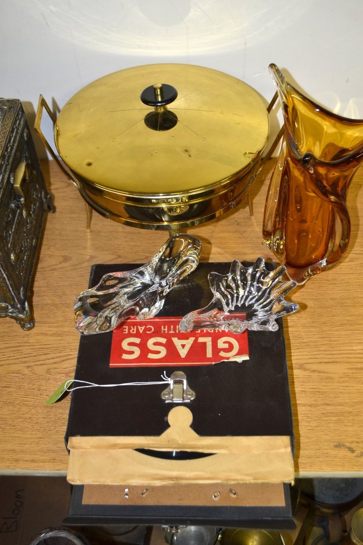 Assorted Modern Decorations: Comprises brass serving dish in the manner of Tommi Parzinger, two Baccarat bowls, amber glass vase, and case of French records. [Serving dish: 14 " W x 12 1/4" D x 10" H]. Overall good condition.