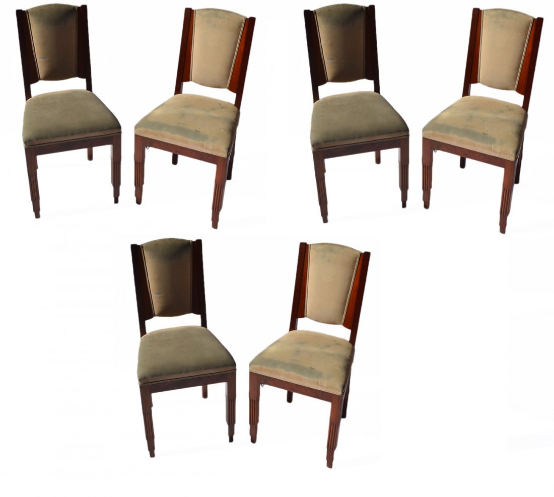Set of Six Art Deco Side Chairs: Mahogany frame dining chairs with stepped profile front legs and tapering upholstered backs. [18 1/4" W x 18 1/4" D x 36 3/4" (19 3/4" H to seat)]. Wear at edges and original suede upholstery worn, ot