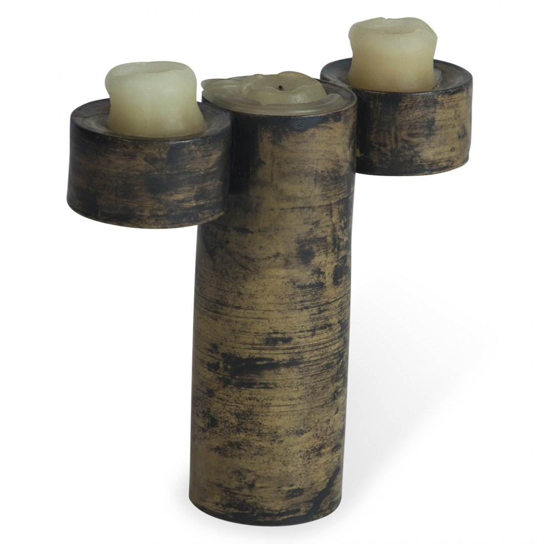 Jacques Blin Candelabra: Three light ceramic candleholder, the central cylindrical column flanked by two short cylindrical candleholders, by Jacques Blin, French 1950s. Signed to underside. Height to top of ceramic 8 in, widt