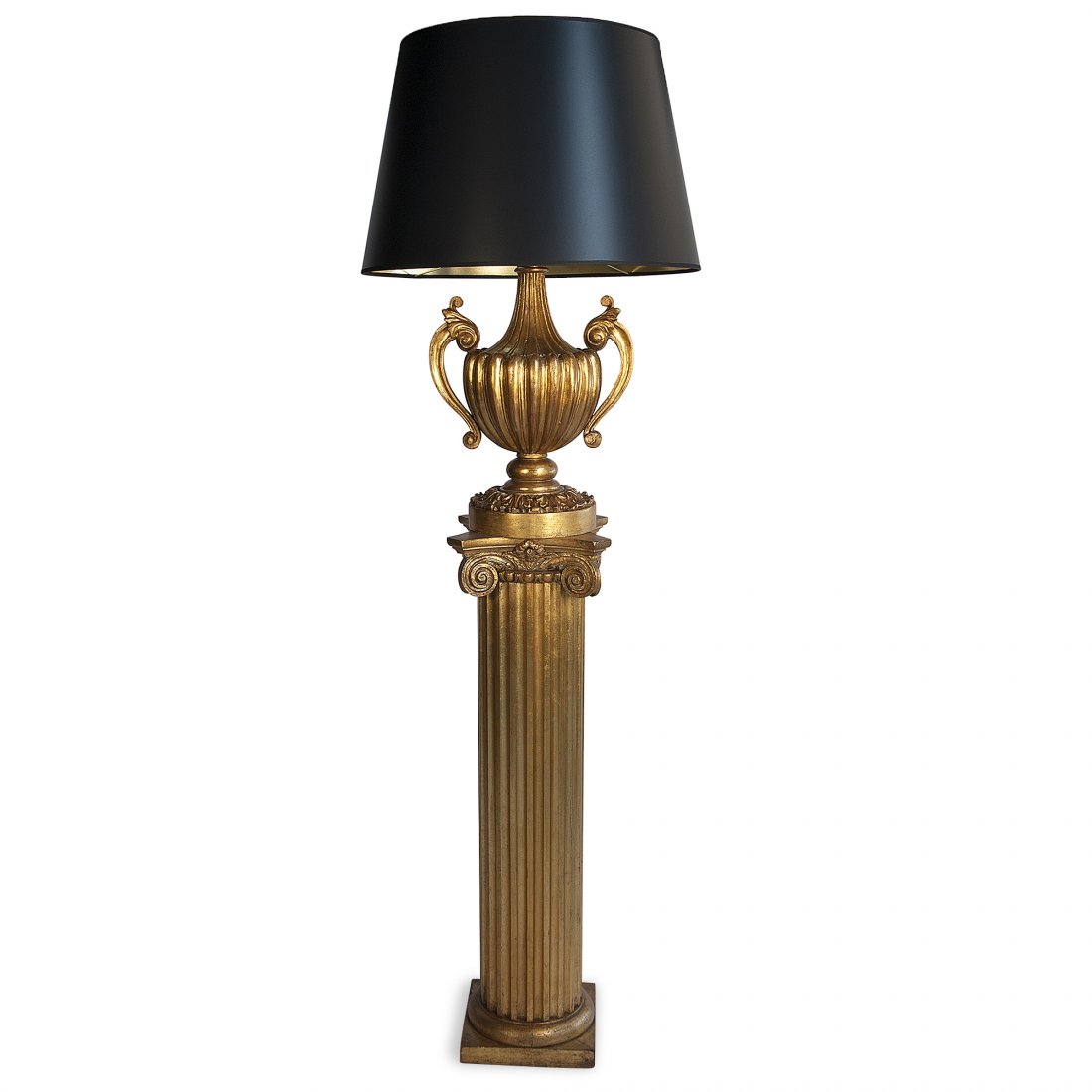 Gilt Column Lamp by James Mont: Gilt wood floor lamp, the fluted column having square base, with urn-form mounted on top of column, American 1930s. In custom black paper shade with gold foil lining. Overall height 76 in, height from