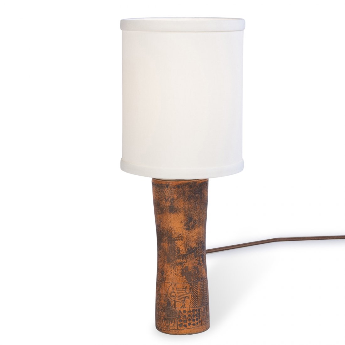 Jacques Blin Ceramic Lamp: Red mottled glaze ceramic table lamp, with primitive style incised black decoration of birds and plants, of cylindrical form, in custom silk shade, by Jacques Blin, French 1950s. Signed "Blin" to unde