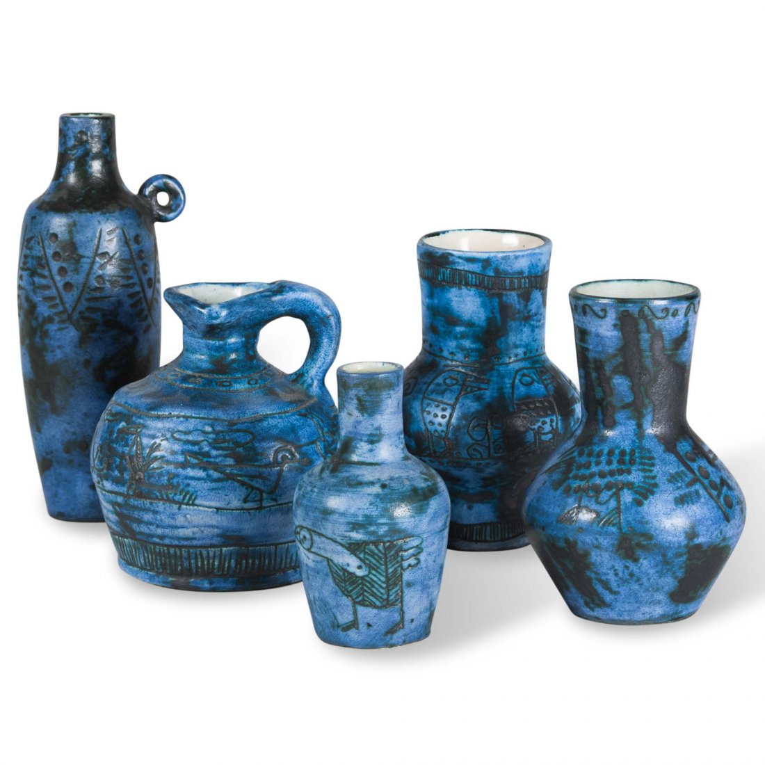 Jacques Blin Ceramics, Group of Five: Group of five ceramics with primitive style sgraffito decoration, in blue glaze, by Jacques Blin, French 1950s. French 1950s. Incised signature to underside. Sold separately, or as a group. Height of