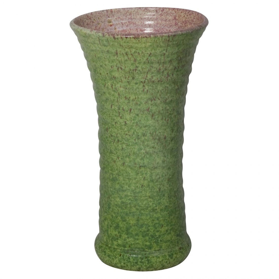 Green Accolay Vase: Cornet form bright green glazed ceramic vase, with subtle grooved indentations around body, violet glazed interior, by Accolay, French 1960s, Signed to underside. Height 12 in, largest diameter 7 in.