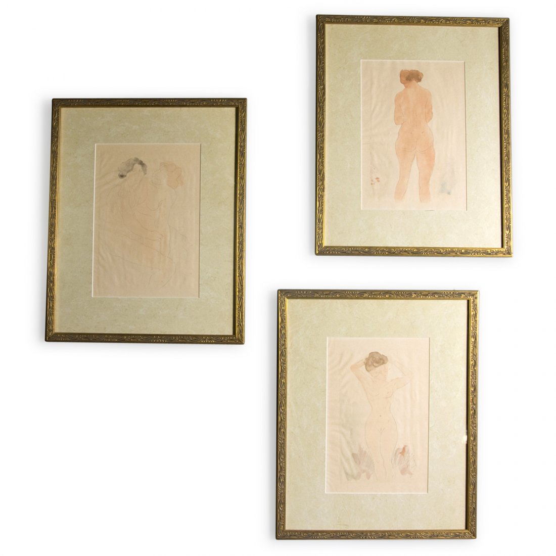Auguste Rodin Nudes, Lithographs: Set of three framed lithographs, "Nudes", after Auguste Rodin, published three years after his death by Editions Georg as part of the portfolio Douze Aquarelles. French 1920. Each frame measures 22 in
