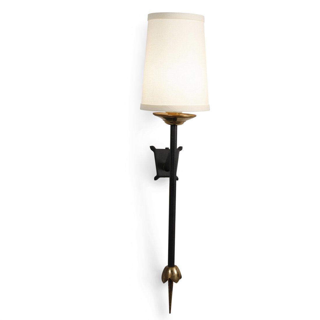 Single Iron Spike Sconce: Single iron and brass sconces, an iron rod with star and point end detail and brass cup, mounted with iron backplate, French 1950s. In custom silk shade. Overall height 24 in. Shade measures top diame