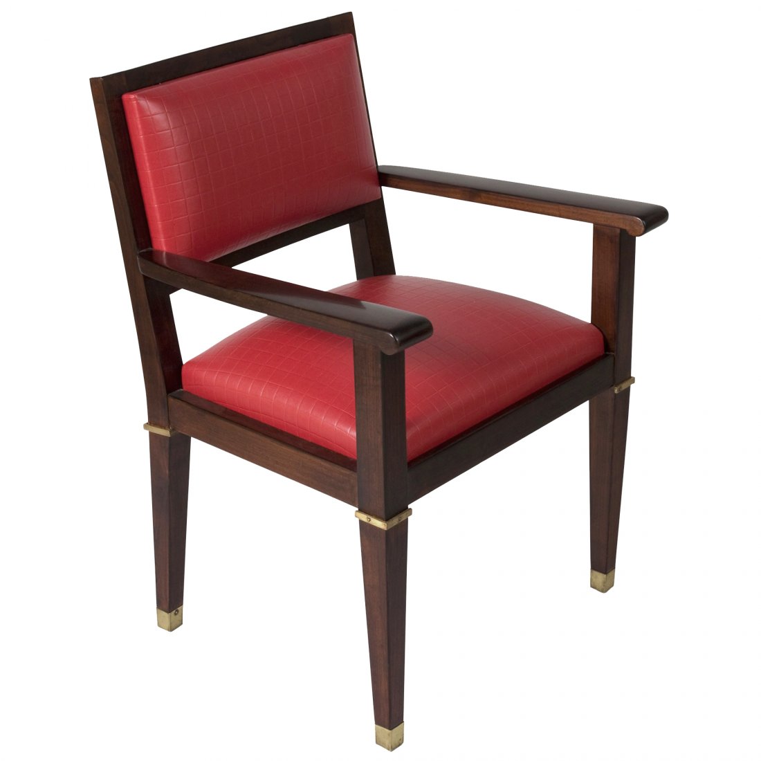 Jacques Adnet Desk Chair: Single acajou wood open armchair, with bronze dore accents and sabots, the legs gracefully tapered, the seat and rectangular shaped back upholstered in a high quality Kravet red grid pattern vinyl, by