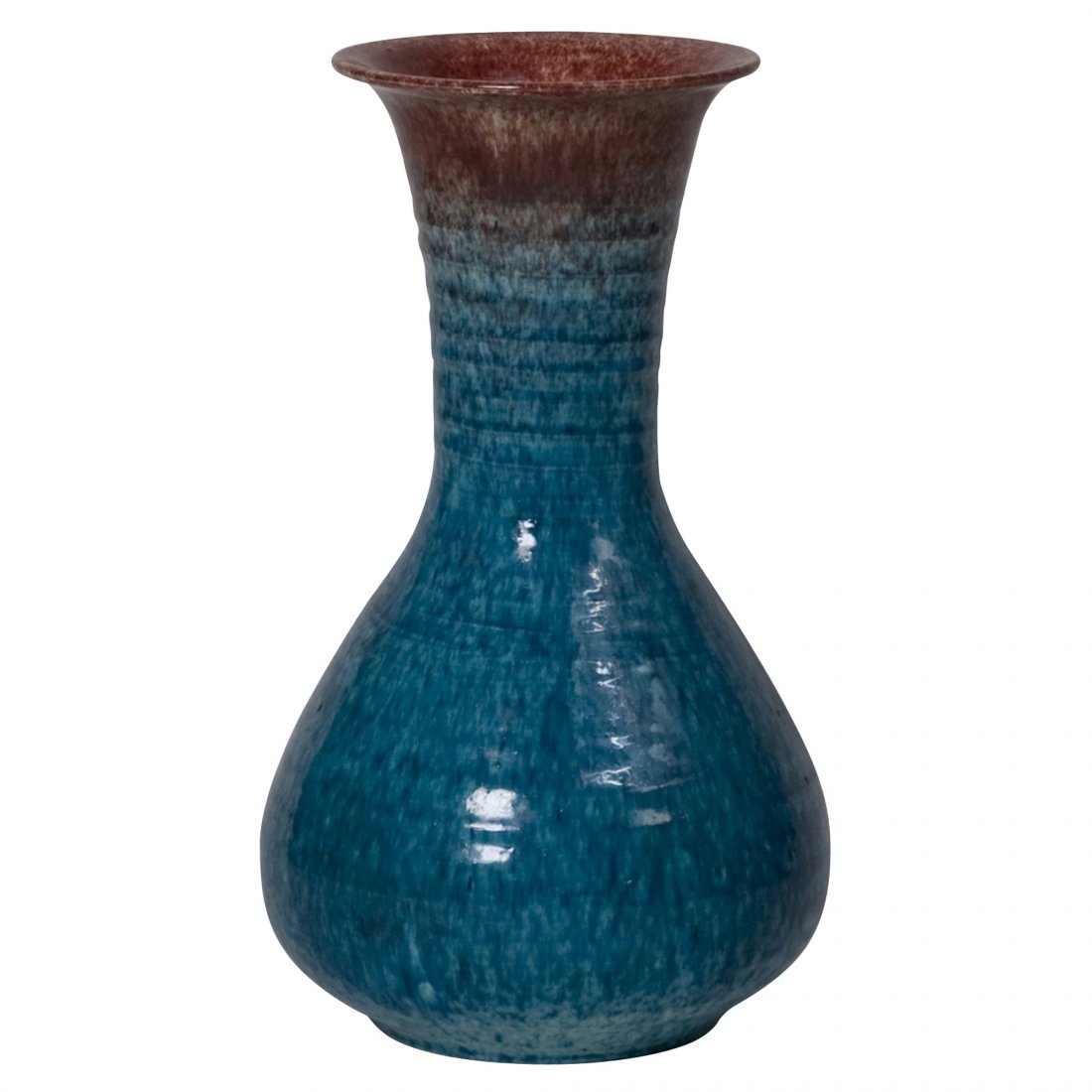 Turquoise Accolay Vase: Bulbous ceramic vase with narrow neck and flared rim, in turquoise exterior glaze, with reddish brown color at top and interior, by Accolay, French 1960s. Signed to underside. Height 12 in, largest di