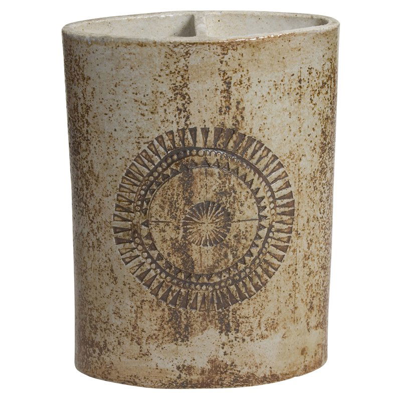 Capron Sun Vase: Large rust and beige color glazed ceramic double vase, by Roger Capron, French 1970s. Height 11 3/4 in, 8 3/4 in x 4 1/4 in.