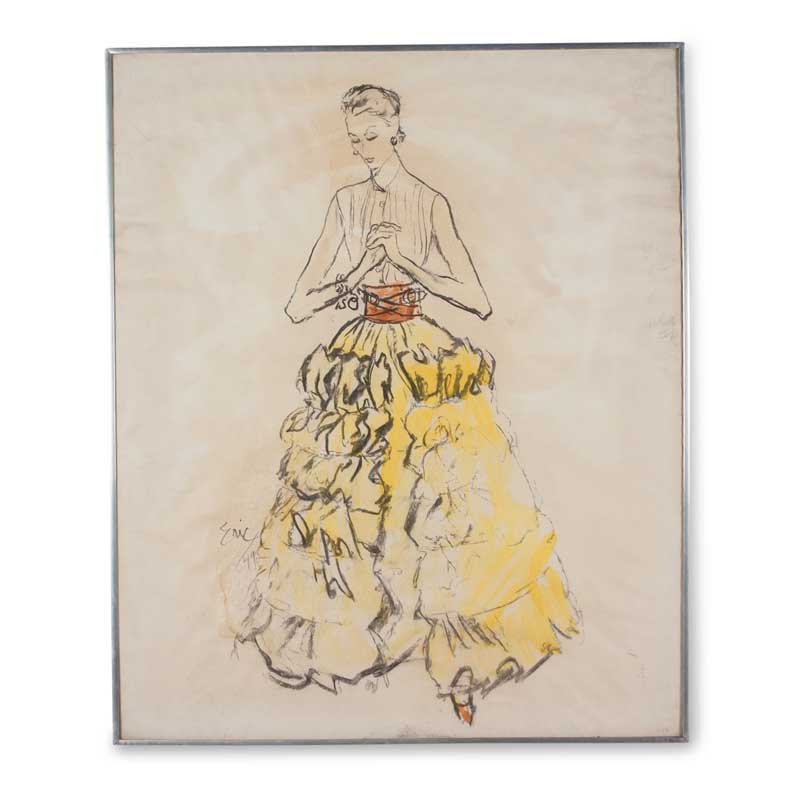 Fashion Illustration by "Eric", 1949: Watercolor, gouache, ink and pencil on paper. A fashion illustration depicting a woman in a ruffled yellow sleeveless long dress. By "Eric," Carl Oscar August Erickson (b.1891-1958) French 1949. Frame