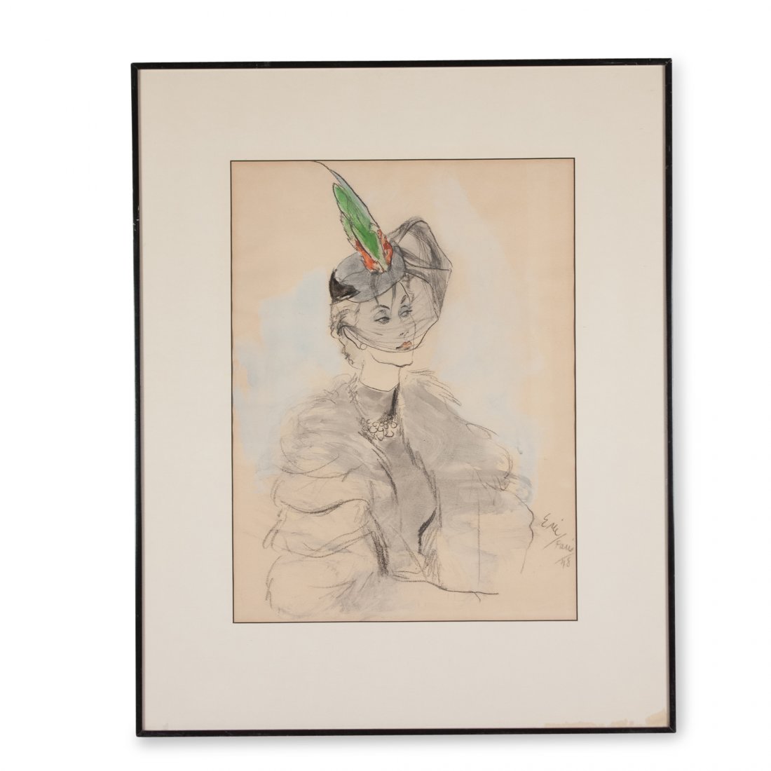 Fashion Illustration by Eric, 1948: Gouache, watercolor, charcoal and pencil on paper. Fashion illustration the subject a woman with a cap and netting. By "Eric," Carl Oscar August Erickson (b.1891-1958) French 1948. Framed height 30 in