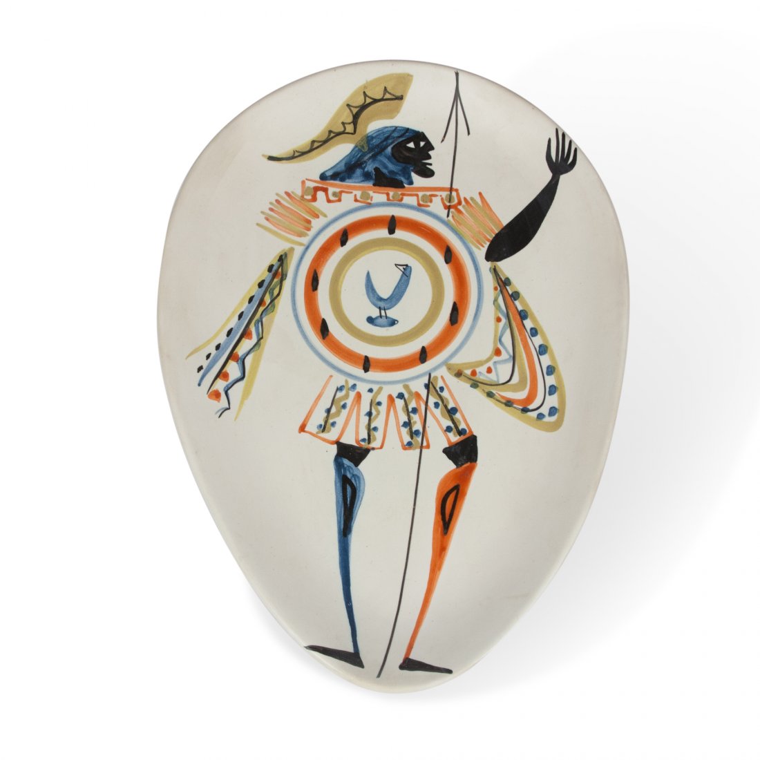 Large Hand-Painted Ceramic Dish by Roger Capron: Hand-painted ceramic raised vessel, the image of a centurion or warrior, by Roger Capron, Vallauris, France 1950â€™s. 9â€w, 12â€h.