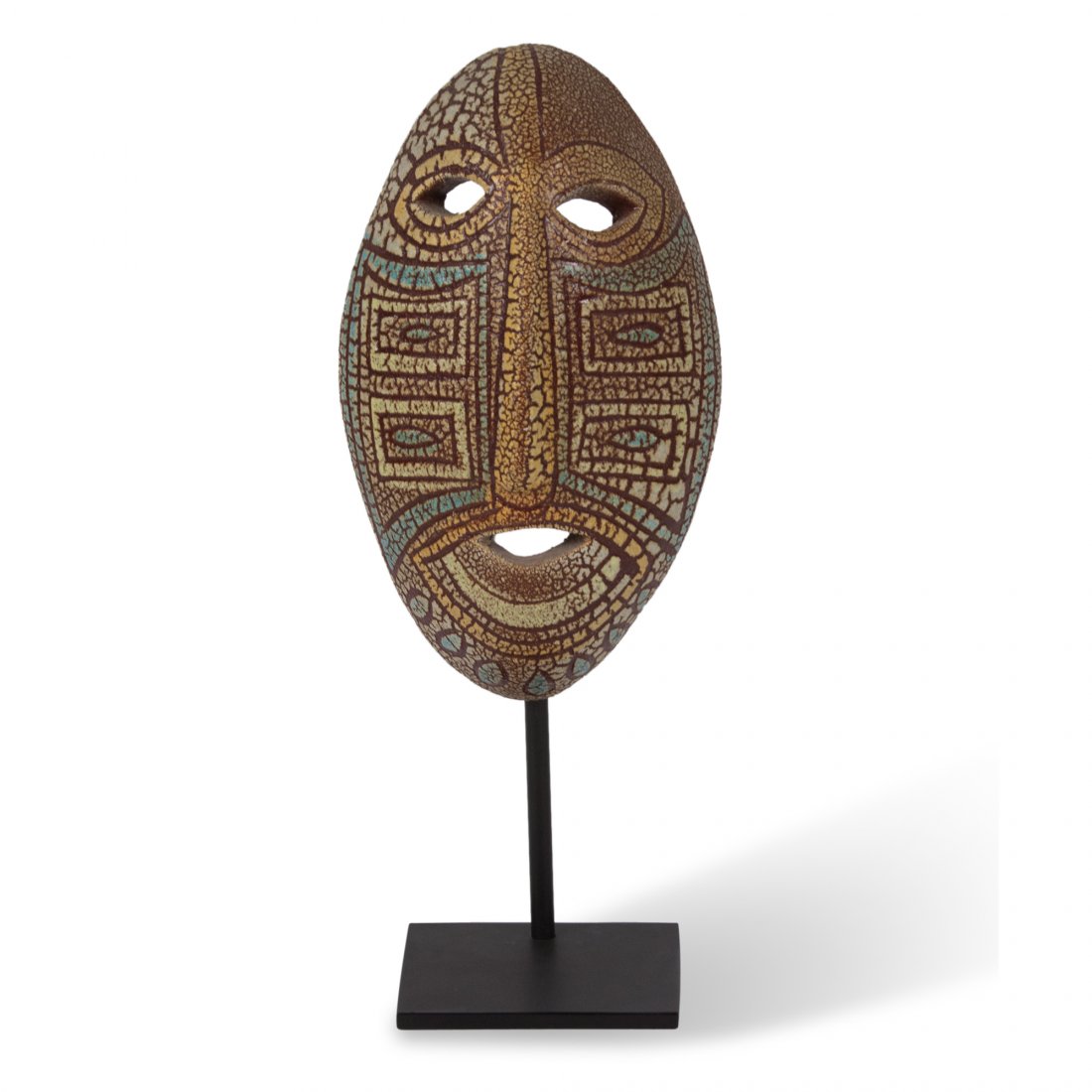 Accolay Ceramic Mask: Primitive style ceramic mask by Accolay, French 1950s. Mounted on a custom steel base. Signed to backside. 4â€ x 3.5â€ base, 6â€w, 14â€h.