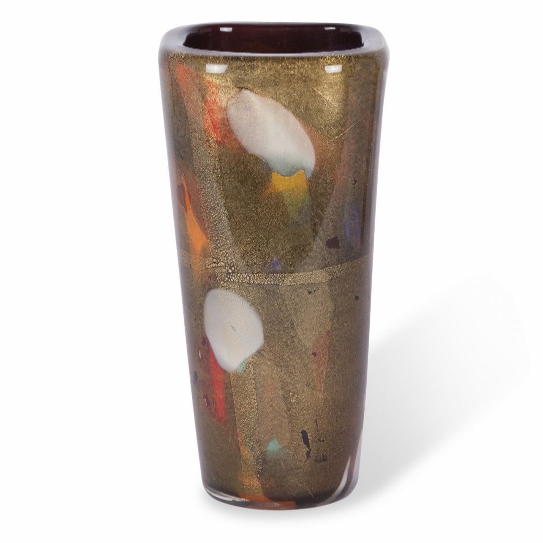 Ansolo Fuga for AVEM: Thick walled glass vase with internal decoration, by Ansolo Fuga for AVEM, Murano, Itally 1960s. Height 10 in, body measures 5 in x 5 in at the top.