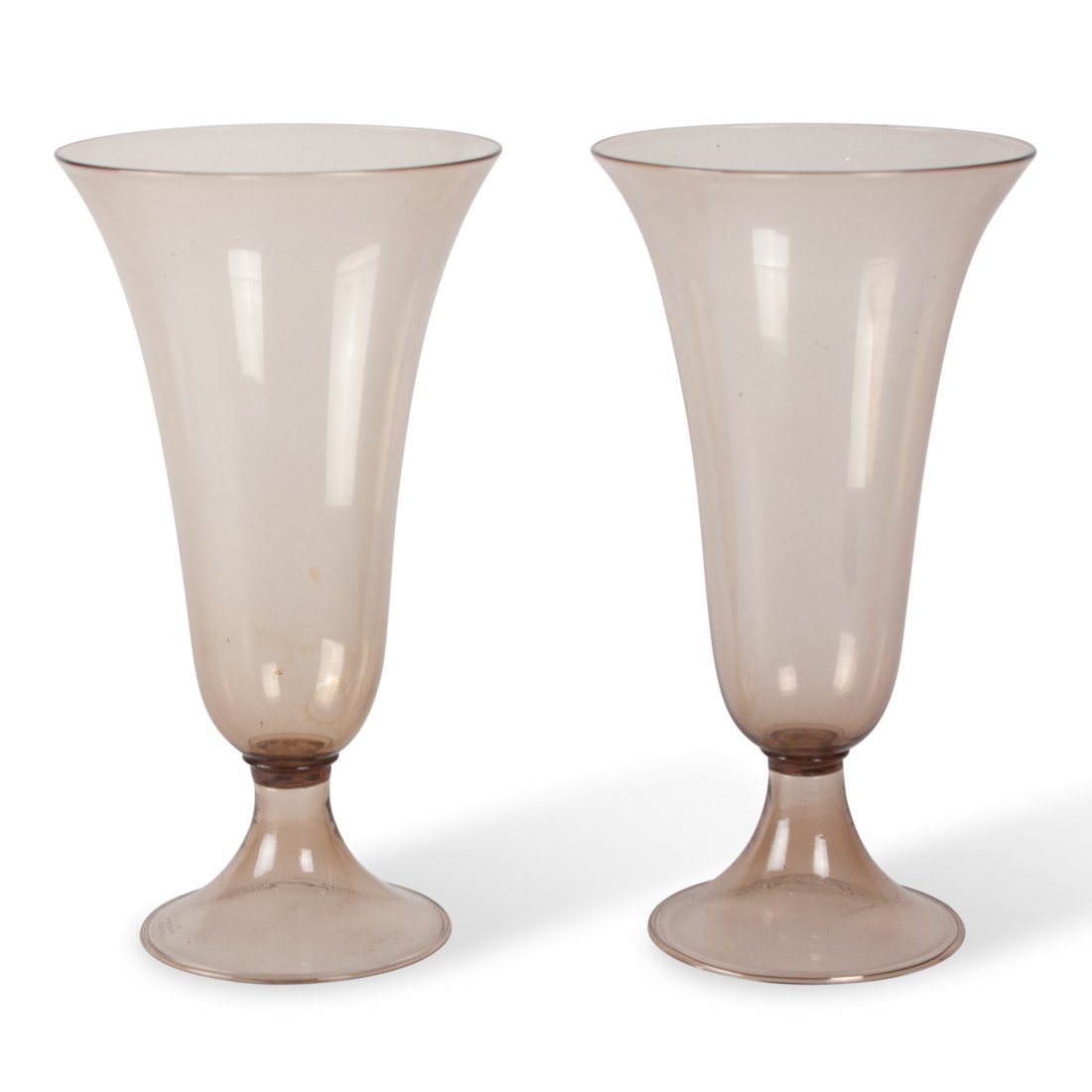 Pair of Zecchin Glass Vases: Pair of tapered tinted tea colored glass vases, footed base, gently flaring to rim, by Vittorio Zecchin for Venini, Murano, Italy 1930s. For both: height 12 in., base diameter 5 in., rim diameter 6 1/