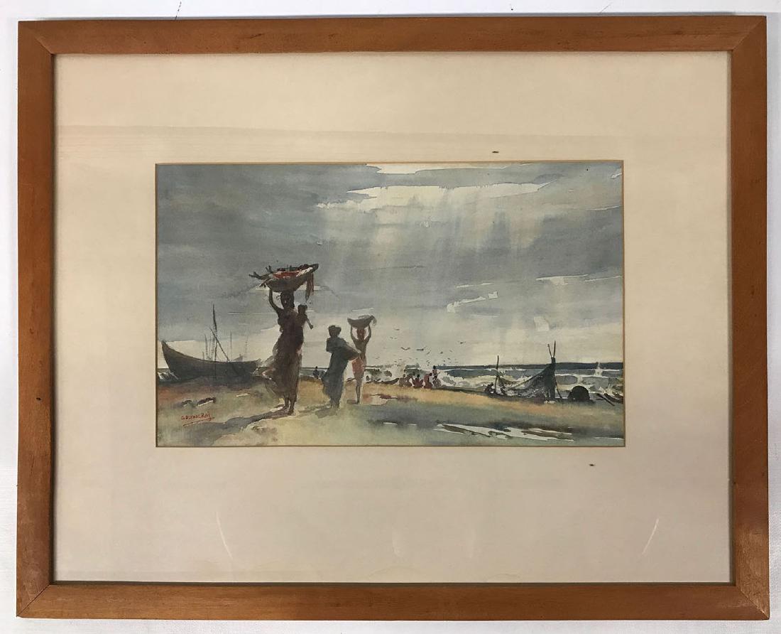Washing Clothes Seaside, G.D.Paulraj (Indian,: Watercolor on paper, Framed under glass,20.5x25.5 overall/9.5x16 view, Signed lower left G.D.Paulraj, Aunt Carrie brought this back from India about 1948. Aunt Carrie Holt was niece of Annie Lucy Holt