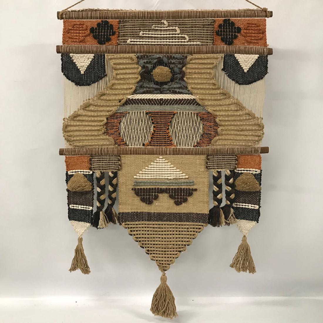 1960s Wall Hanging Fiber Sculpture: 1960s Wall Hanging Fiber Sculpture, wood, jute and fiber 42â€ x 28â€