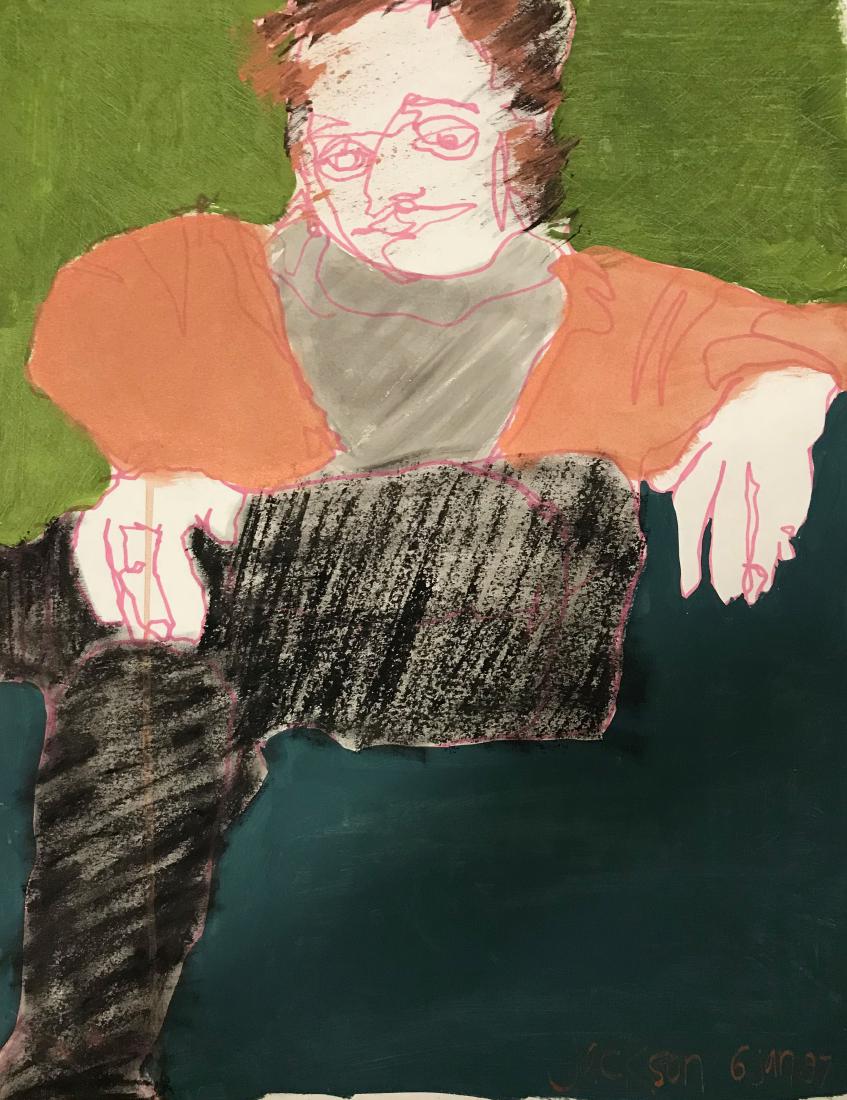 Continuous contour Portrait drawing of a Man Sitting: Contour, oil and pastel on paper, Framed between clear plastic, 23.5 x 18, Signed and dated lower right Jackson 6 Jan 97