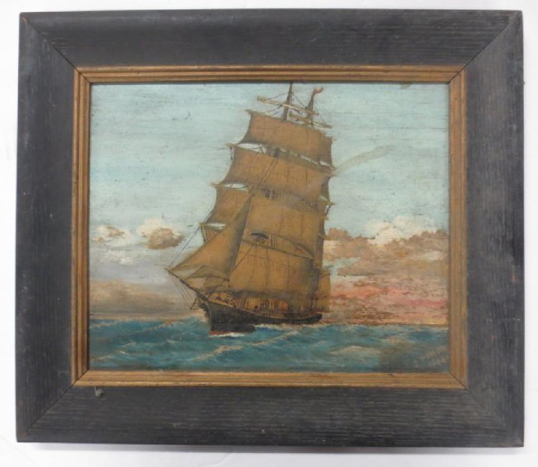 J.Potter (American, circa 1900's) - Tall Ship: J.Potter (American, circa 1900's) - Tall Ship in Stormy Sea, Oil on Wood, Signed and dated lower right; 10x12.5 in. Framed