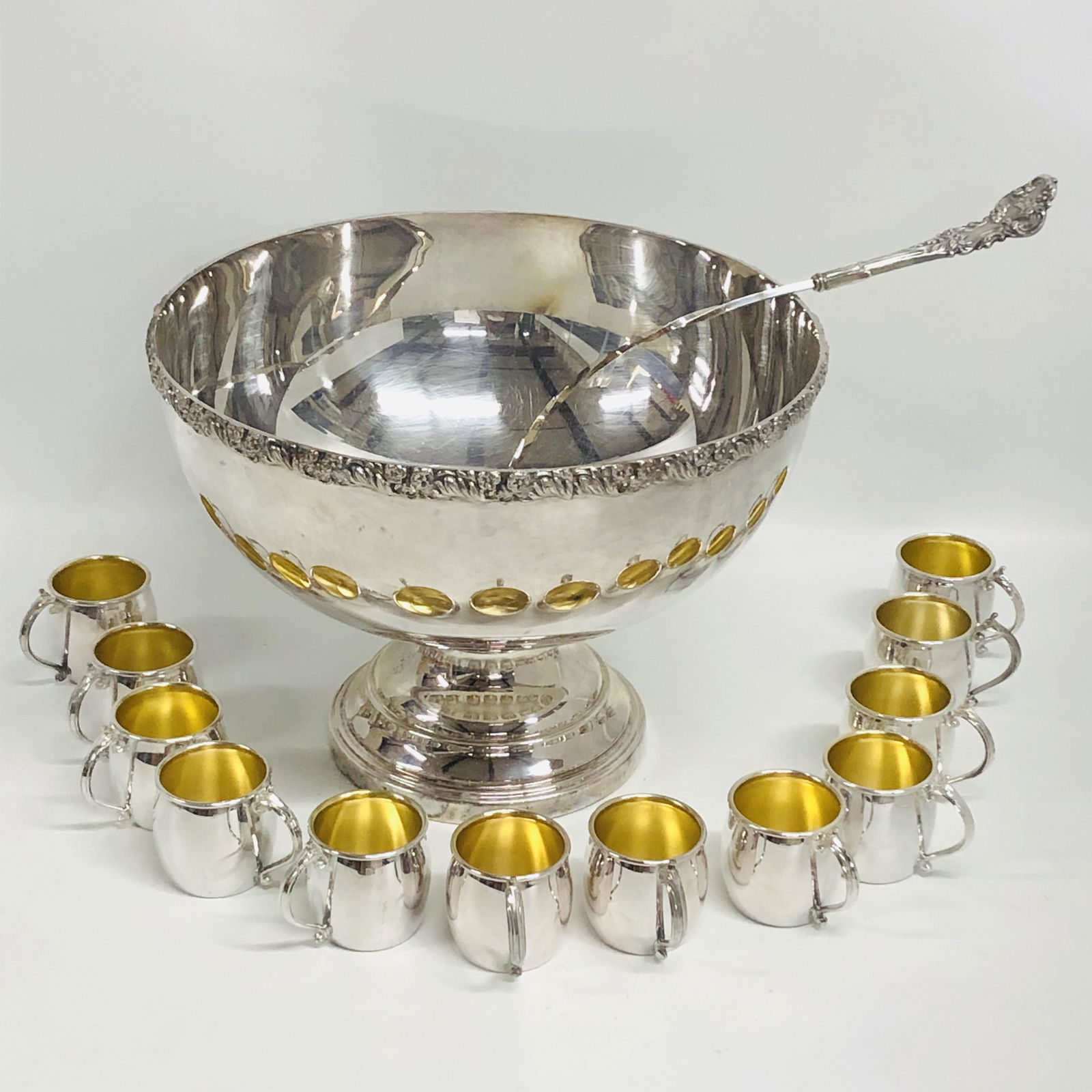 Plated silver large footed punch bowl with 12 gilt (1 of 4)