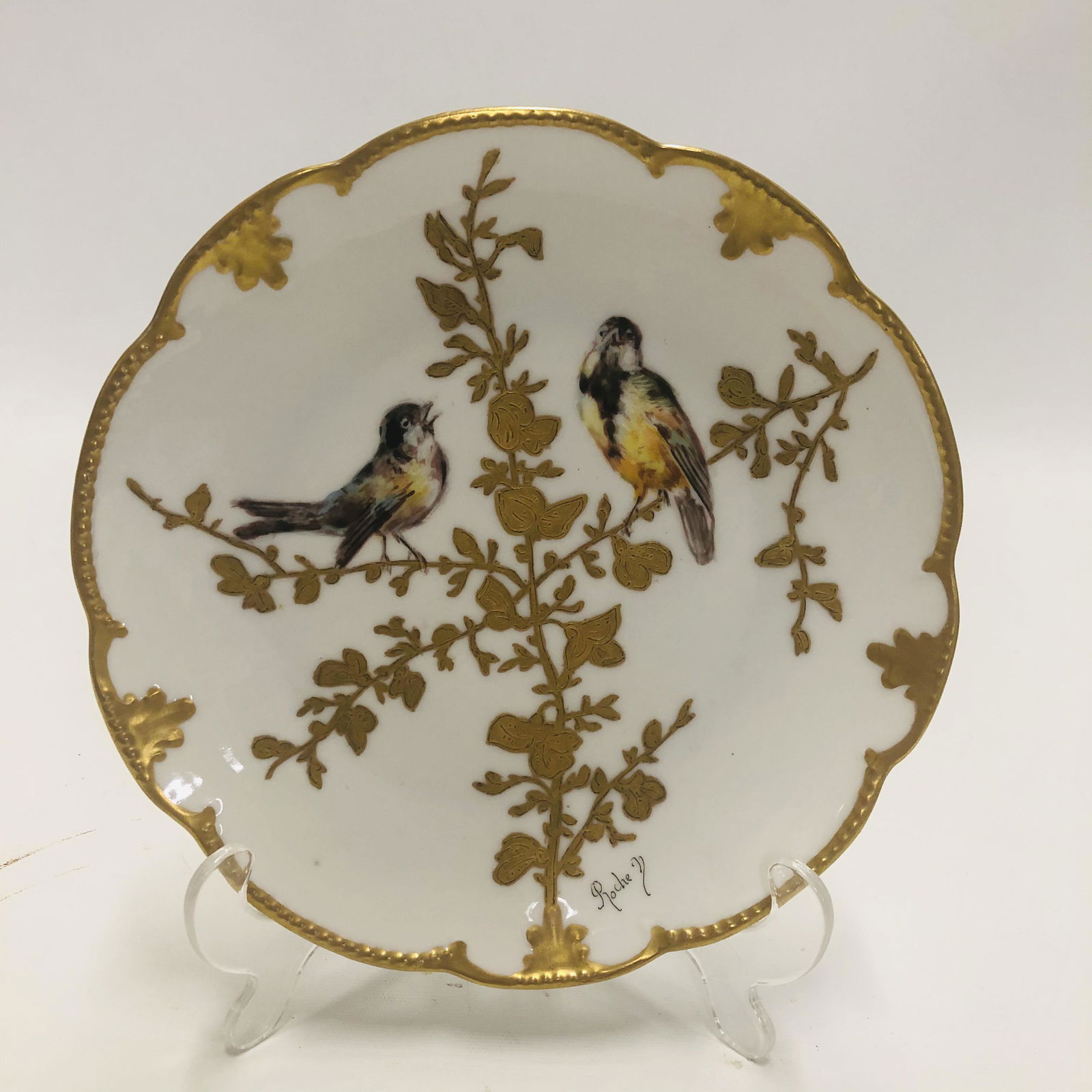 Limoges two bird Plate artist signed Roche , scalloped (1 of 6)