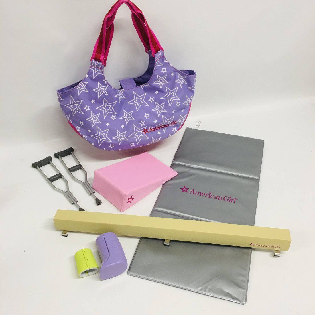 American Girl Doll Gymnastics, Crutches and Doll Bag: American Girl Doll Gymnastics balance beam, mat, get well Crutches and double Doll Bag