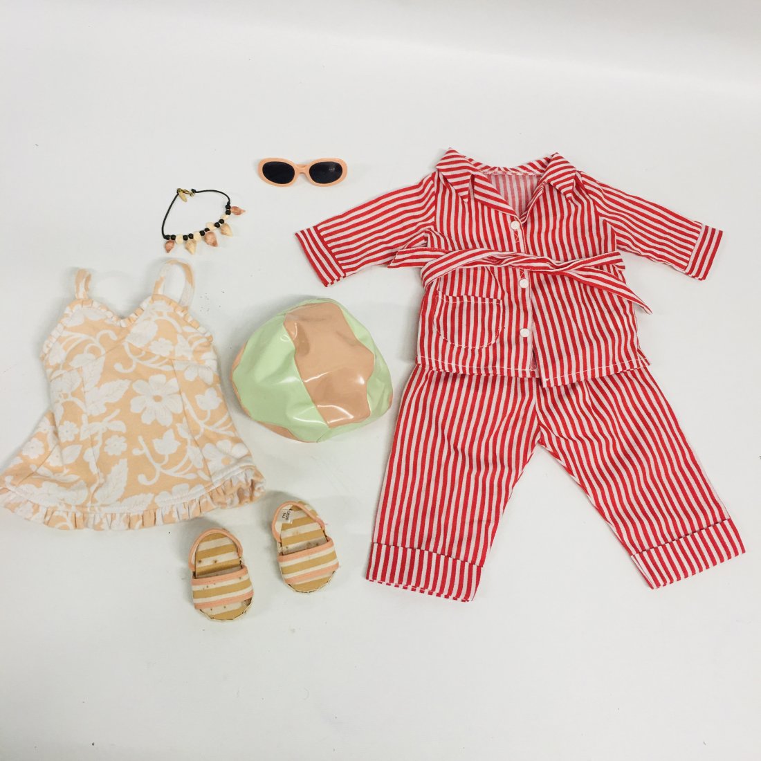 American Girl Doll Molly Swimsuit and Striped Pajamas: American Girl Doll Molly 1944 style Swimsuit, espadrille shoes, sunglasses, seashell necklace, beach towel, beach ball and Striped Pajamas