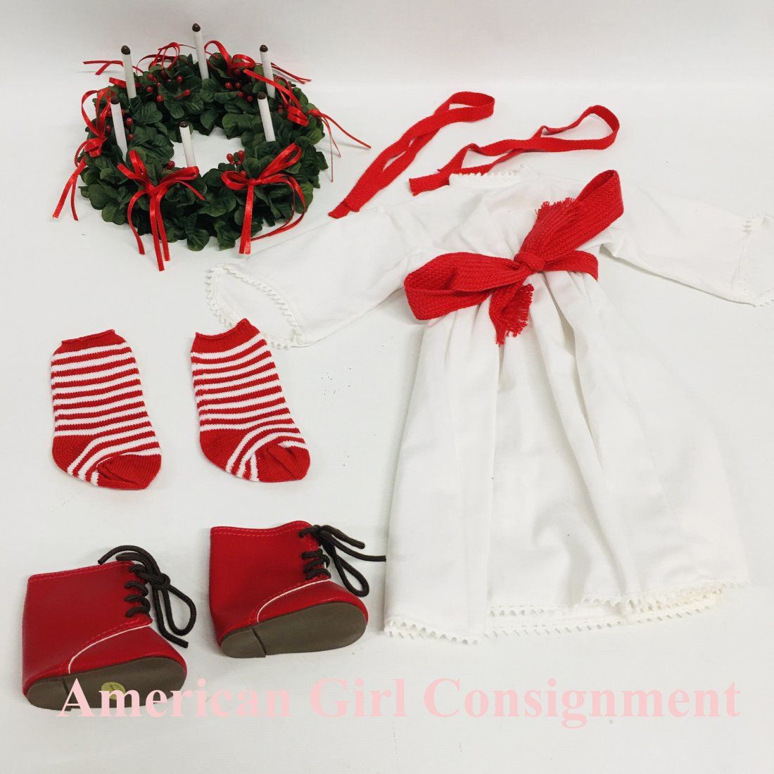 American Girl Doll Kirsten St. Lucia Outfit Historical: American Girl Doll Kirsten St. Lucia Outfit Historical, with wreath, and red boots