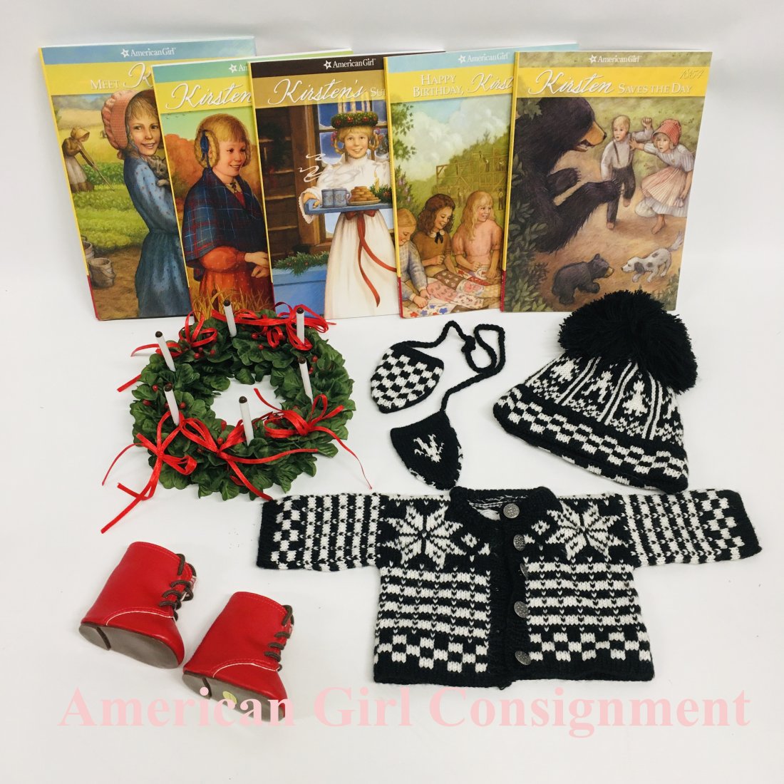 American Girl Doll Kirsten St. Lucia Knit Woolens Books: American Girl Doll Kirsten St. Lucia Wreath headgear, Knit Woolens, red boots and Books