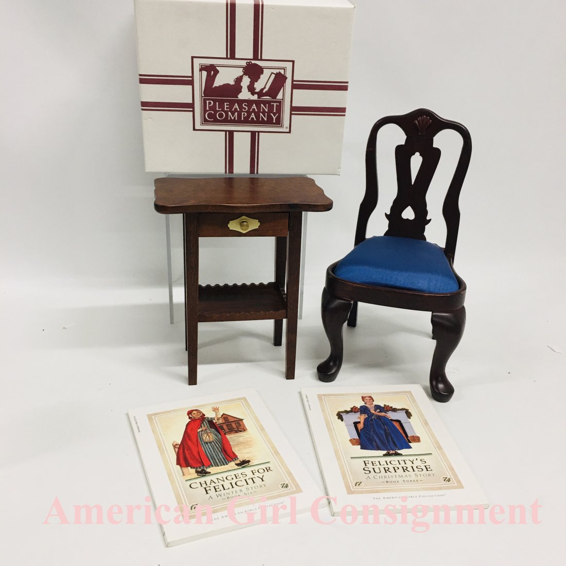 Pleasant Company Felicity Dressing Table and Tea Chair: Pleasant Company Felicity Merriman doll American Girl, Dressing Table in original Box and Single Tea Chair