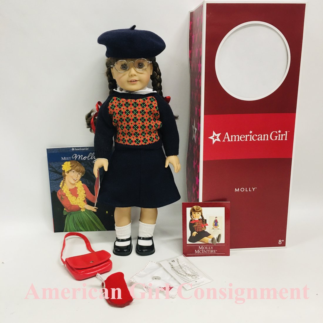 American Girl Doll Molly in Meet Outfit with Box: American Girl Doll Molly in Meet Outfit with Box, Locket and Accessories